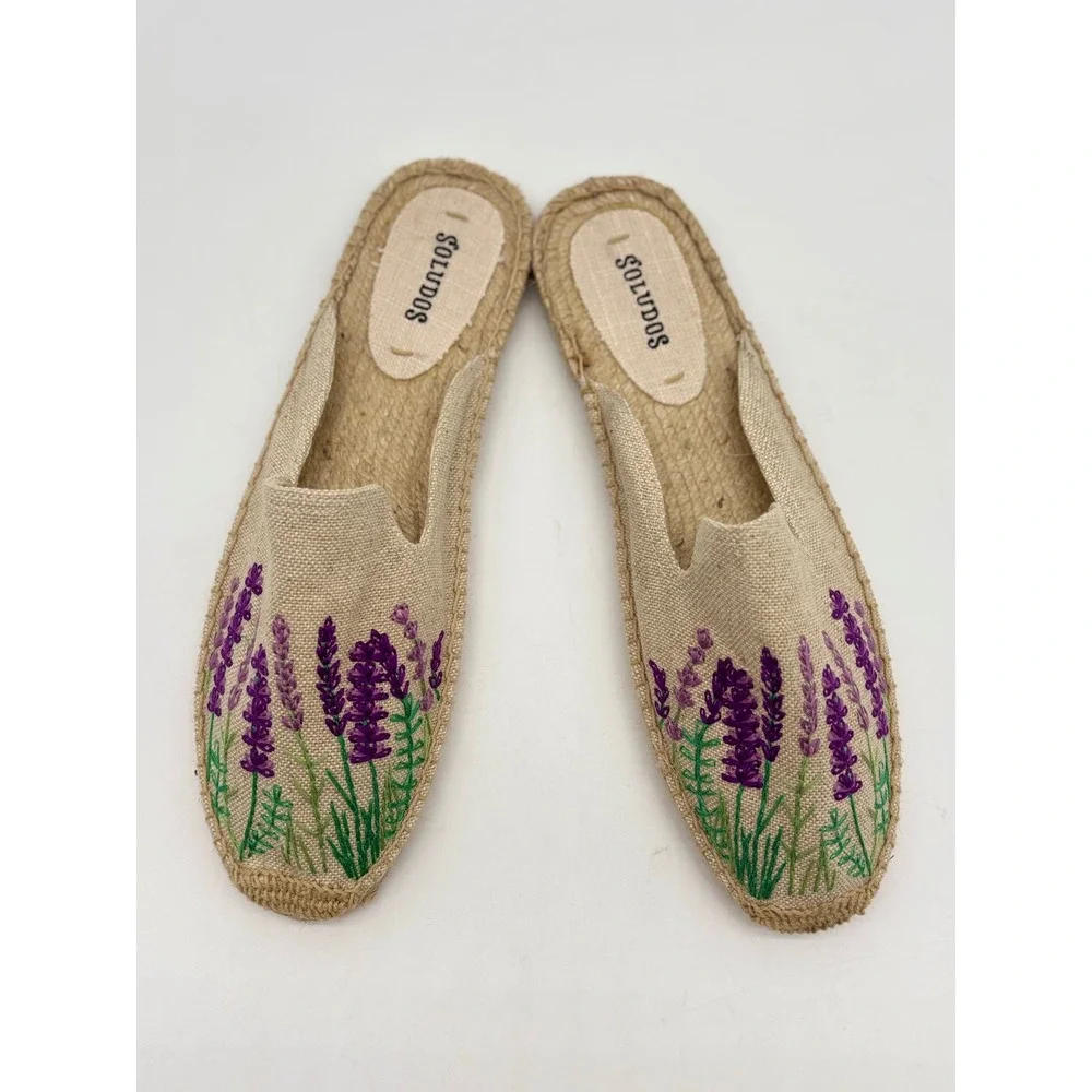 Soludos Lavender Embroidered Espadrille Mules Womens10 Tan Purple Floral SlipOn